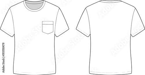 Men short sleeve crew neck pocket t shirt front and back outline template, casual apparel cad drawing flat vector illustration