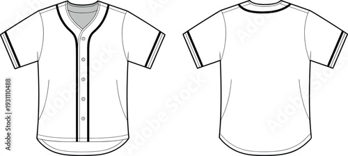Men short sleeve baseball jersey front and back outline template, button down sports uniform cad drawing flat vector illustration