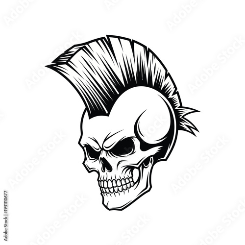 Aggressive Punk Rock Skull with Mohawk Haircut - Edgy Black and White Tattoo Style Illustration for Alternative Design