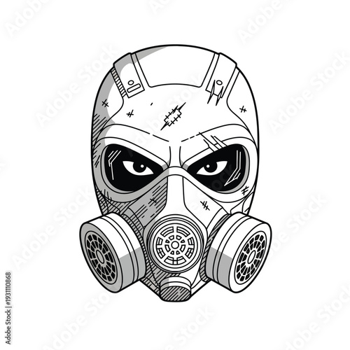 Intense Gas Mask Illustration with Scratches and Dark Eyes - Post-Apocalyptic Survival & Danger Concept Art