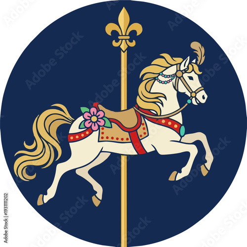 Vibrant Carousel Horse Galloping in Navy Blue Circular Emblem with Pink Flower Saddle and Gold Fleur-de-Lis Pole, Carnival Logo Vector