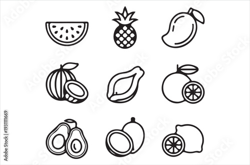 Black and white line art illustration of various tropical fruits