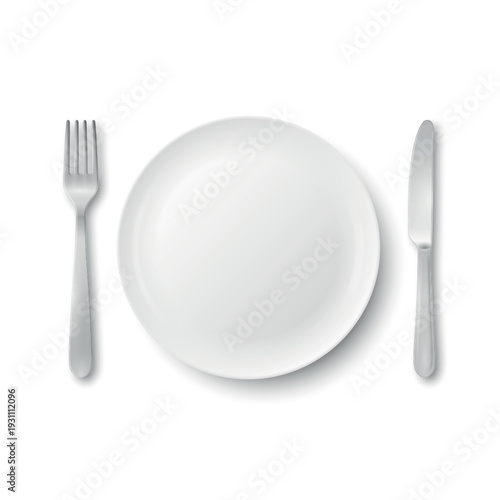 Vector White Empty Plate with Fork and Knife. Table Setting Top View. Minimal Dinnerware Mockup for Restaurant Menu. Clean Ceramic Dish and Silver Cutlery. Dining Place Setting Isolated