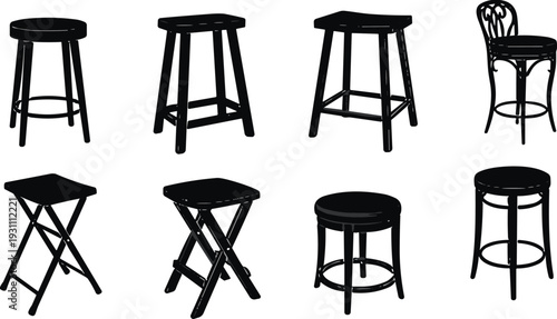 Collection of black wooden and metal bar stools and folding chairs silhouettes isolated on white background for interior design and furniture icon set