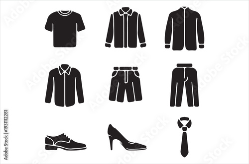 Black silhouettes depicting various clothing items and footwear