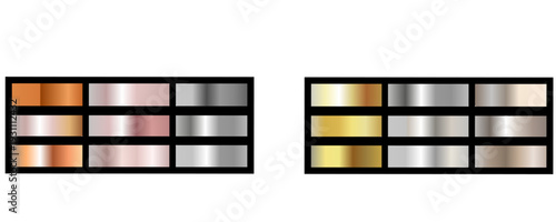 Gold rose, silver, bronze, copper and golden foil texture gradation background set. Vector shiny and metalic gradient collection for border, frame, ribbon, label design