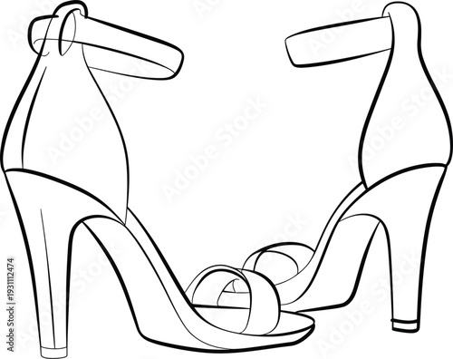 Elegant high heel sandals illustration featuring minimalist line art style with ankle straps and stiletto heels for fashion design, footwear sketching, and retail marketing projects