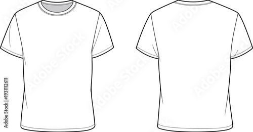 Slim fit t shirt front and back view outline template, blank apparel mockup cad drawing flat vector illustration