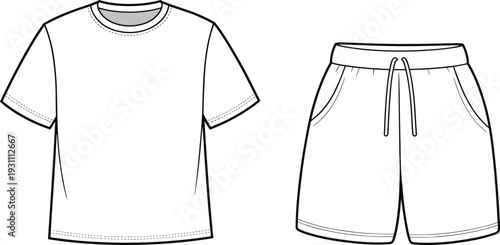 T shirt and shorts set outline template, blank sportswear apparel mockup cad drawing flat vector illustration