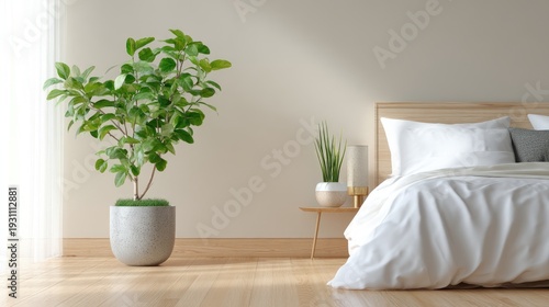 Cozy Modern Bedroom Decor with Indoor Plants and Minimalist Design Elements for Relaxing Atmosphere