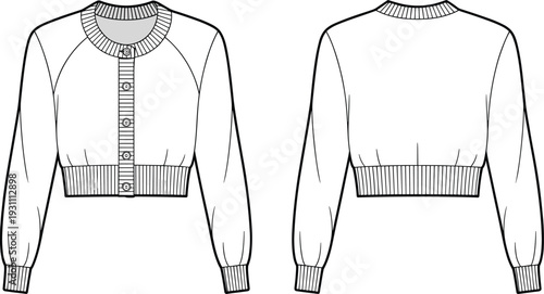 Women cropped cardigan sweater front and back view outline template, blank apparel mockup cad drawing flat vector illustration