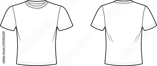 Women slim fit t shirt front and back view outline template isolated on white background, apparel cad drawing flat vector illustration