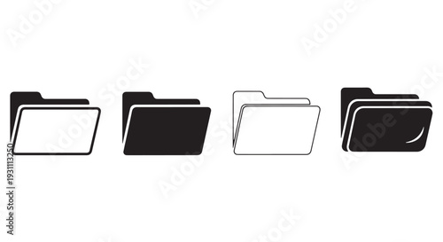 Black and White Folder Icon Set, 4 Minimal Styles - Flat, Solid Silhouette, Thin Outline, Rounded Design