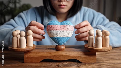 Person holding transgender pride heart with people figures on scales.