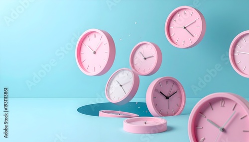 Pink Clocks Falling into a Hole - Time Concept.
