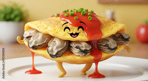A cartoon omelette with mushrooms and sauce on a white plate, viewed from the front, appears to be smiling and standing on legs