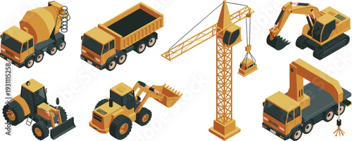 Isometric construction vehicles vector set with excavator, tower crane, dump truck, cement mixer, loader and heavy machinery