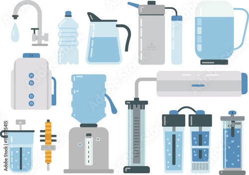 Isometric home water purification devices set with pitchers, countertop filters, reverse osmosis systems, and clean drinking solutions
