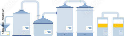 Isometric industrial distillation and fermentation system with storage tanks, processing vessels, and liquid production equipment illustration