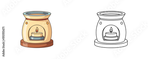 Aroma oil burner shown in colored cartoon and black outline versions using beige and brown tones representing a ceramic diffuser for essential oils isolated on a white background