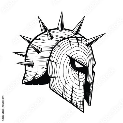 Spiked Wooden Spartan Warrior Helmet Vector Illustration - Ancient Strength & Fierce Protection