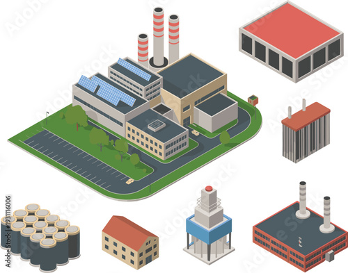 Isometric industrial factory complex with power plant buildings, chimneys, storage tanks, solar panels, and manufacturing infrastructure illustration