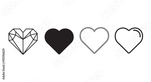 Black and White Heart Icon Set, 4 Minimal Styles - Geometric, Solid Silhouette, Thin Outline, Rounded Design