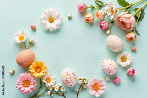 Happy Easter composition for easter design. Elegant Easter eggs and spring flowers on mint background. Flat lay, top view, copy space. 3d rendering.
