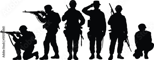 Army military soldier silhouettes collection with rifles in standing kneeling and saluting poses, tactical combat infantry vector illustration set