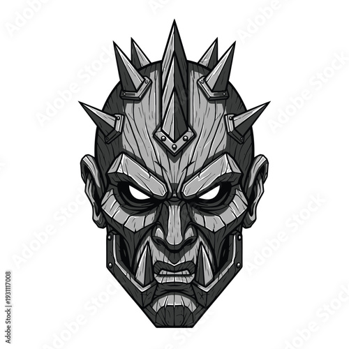 Menacing Spiked Warrior Head with Glowing Eyes - Dark Fantasy Tribal Metal Illustration