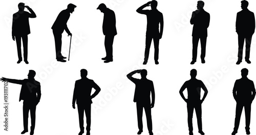 Business men silhouettes set, male figures in various standing and greeting poses isolated on white background, corporate vector illustration collection