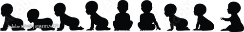 Baby crawling silhouettes set infant development stages child growth black vector illustration isolated on white background