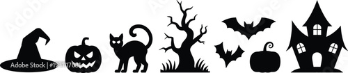 Halloween silhouettes set witch hat pumpkin black cat bats haunted house spooky vector illustration isolated on white background