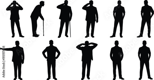 Business men silhouettes set, male professionals in formal poses isolated on white background, corporate cad drawing flat vector illustration