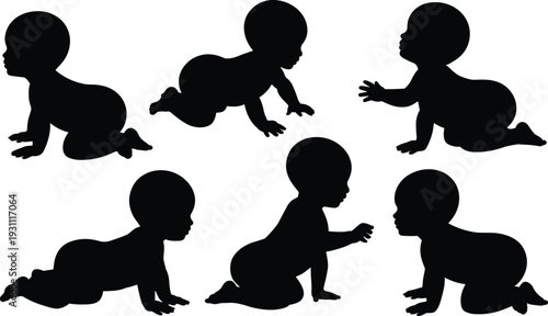 Baby crawling silhouettes collection infant toddler poses child development stages black vector illustration isolated on white background
