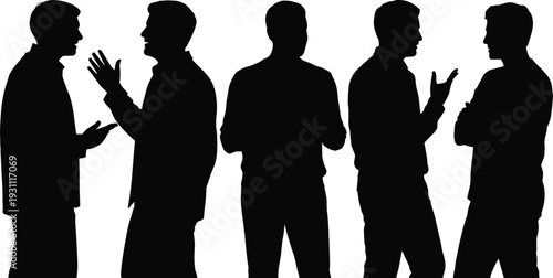 Men talking silhouettes set business discussion conversation gestures black vector illustration isolated on white background