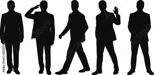 Businessman silhouettes collection in various poses, standing walking saluting and waving gestures, professional male figures vector illustration isolated on white background