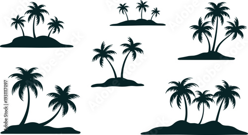 Tropical island silhouettes collection with palm trees beach landscape summer paradise vector illustration isolated on white background
