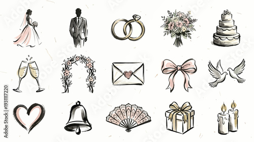 A collection of watercolor illustrations depicting various wedding-related elements, including a bride and groom, rings, flowers, cake, and champagne.