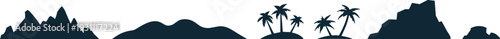 Mountain island and tropical landscape silhouettes set hills rocks palm trees vector illustration isolated on white background
