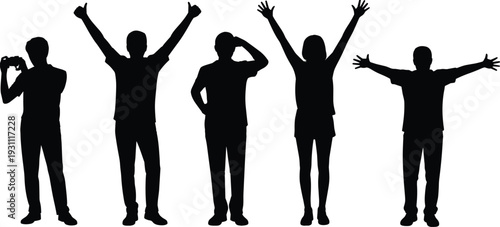 Group of people silhouettes celebrating with raised hands and cheering poses, black human figures isolated vector illustration on white background