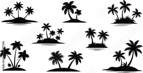 Tropical island palm tree silhouettes set beach summer paradise vector illustration collection isolated on white background