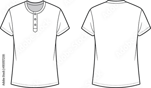 Men short sleeve henley t shirt front and back view outline template, casual apparel mockup cad drawing flat vector illustration