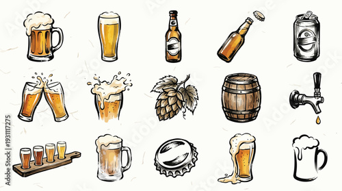 A collection of hand-drawn illustrations depicting various aspects of beer and brewing, including glasses, bottles, cans, hops, and barrels.