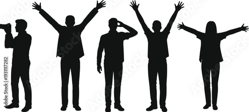 Group of business people silhouettes celebrating success with raised hands and cheering gestures, black human figures isolated vector illustration on white background
