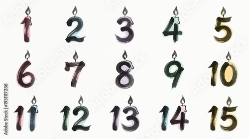 Collection of fifteen watercolor-style number candles from 1 to 15, each with a lit flame.