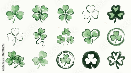 A collection of watercolor illustrations of various shamrock and clover designs, symbolizing luck and Irish heritage.