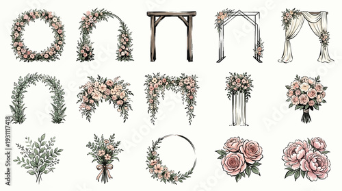 A collection of beautiful floral wedding decorations including arches, wreaths, bouquets, and floral arrangements.