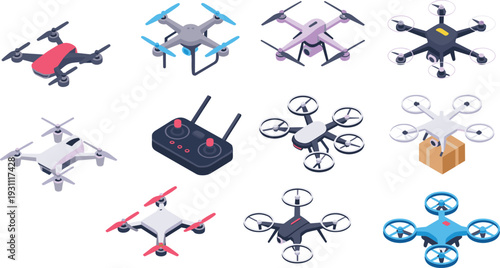Drone quadcopter collection with remote controller aerial delivery and camera UAV vector illustration isolated on white background