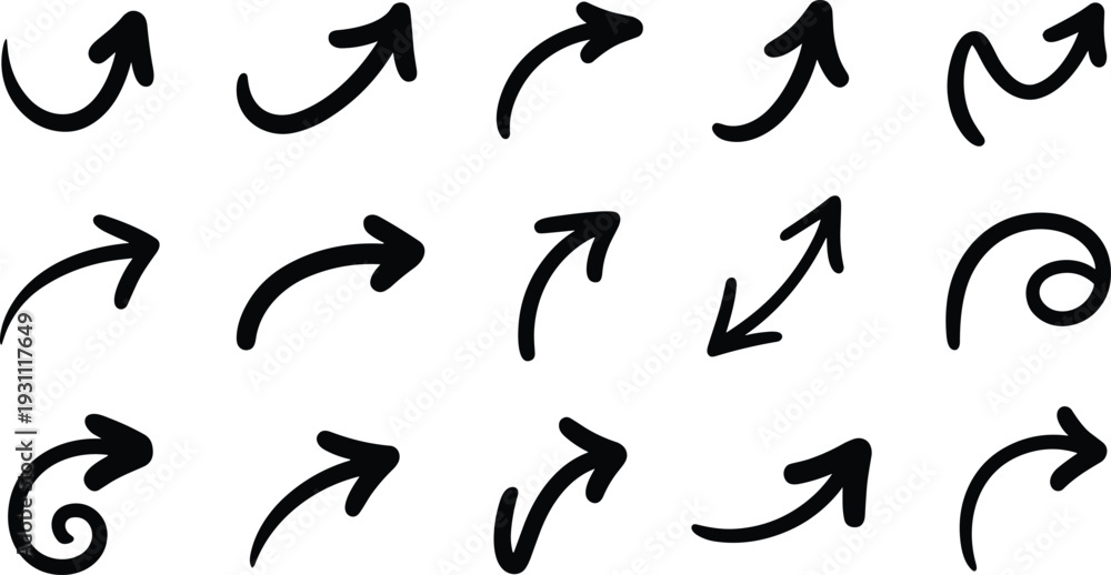 Obraz premium Hand drawn arrow icons set curved directional symbols black vector illustration isolated on white background collection